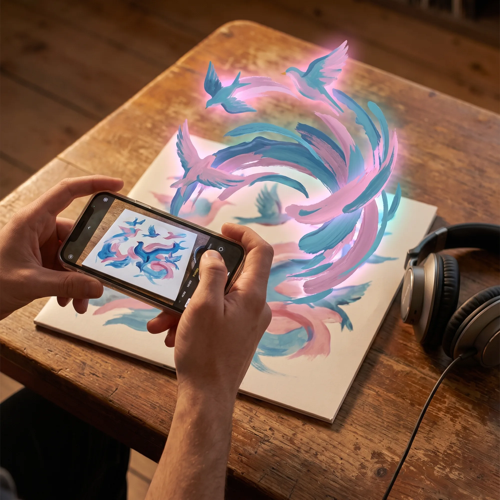An album cover rising out of a phone screen as the artist's portrait
