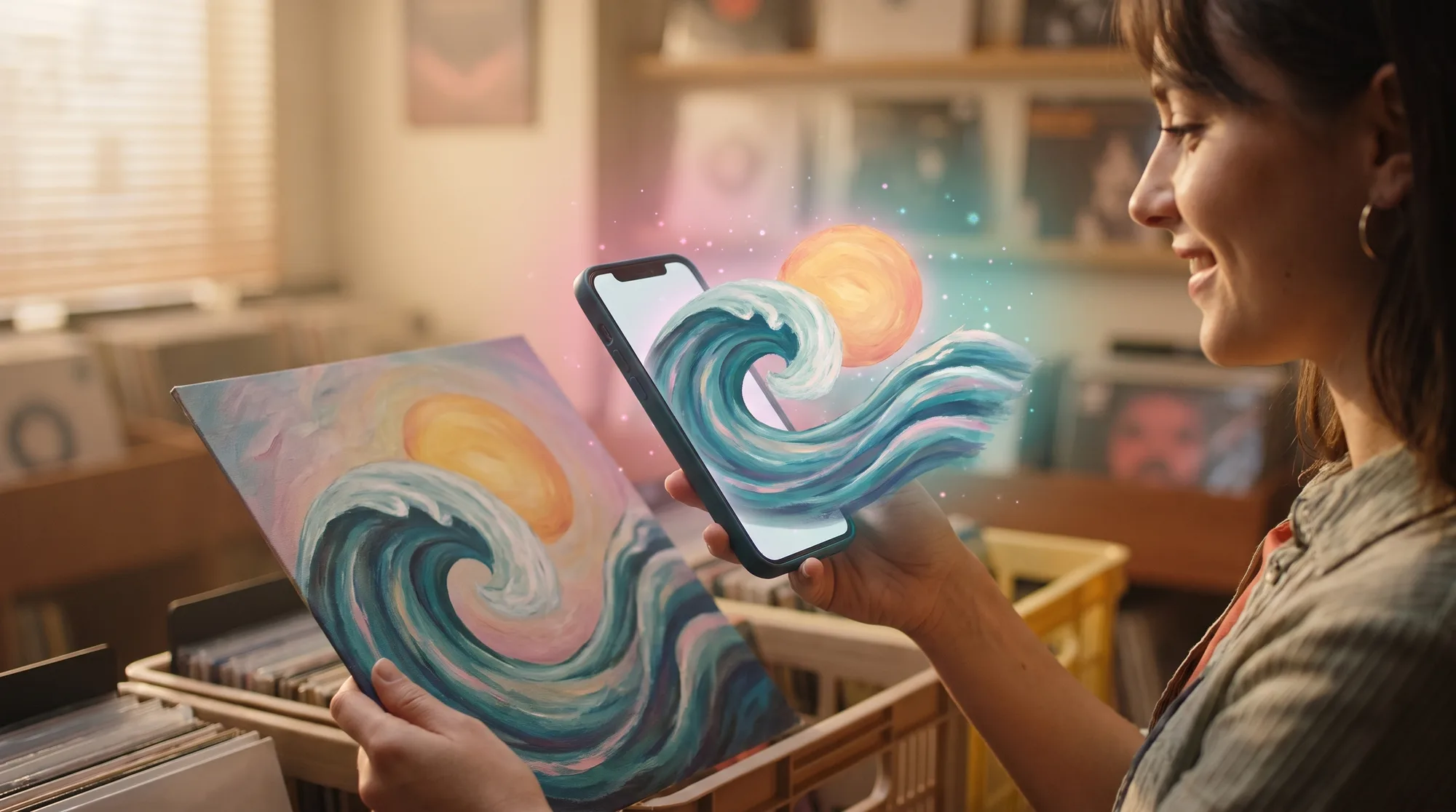 A fan in a record store holding a phone over a vinyl sleeve
