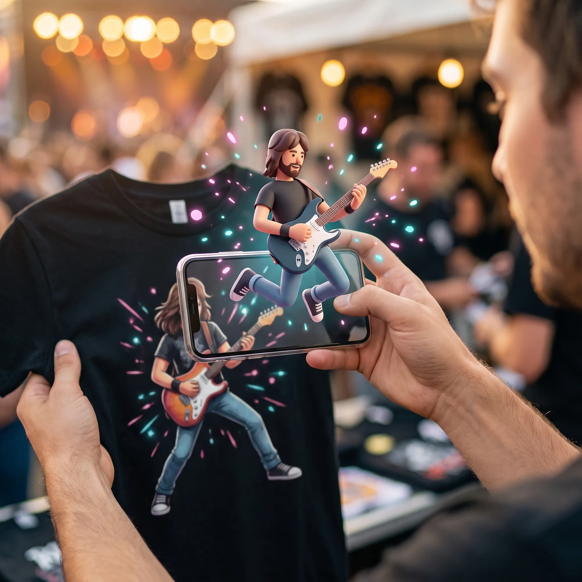 A band t-shirt print playing as a live guitarist in AR