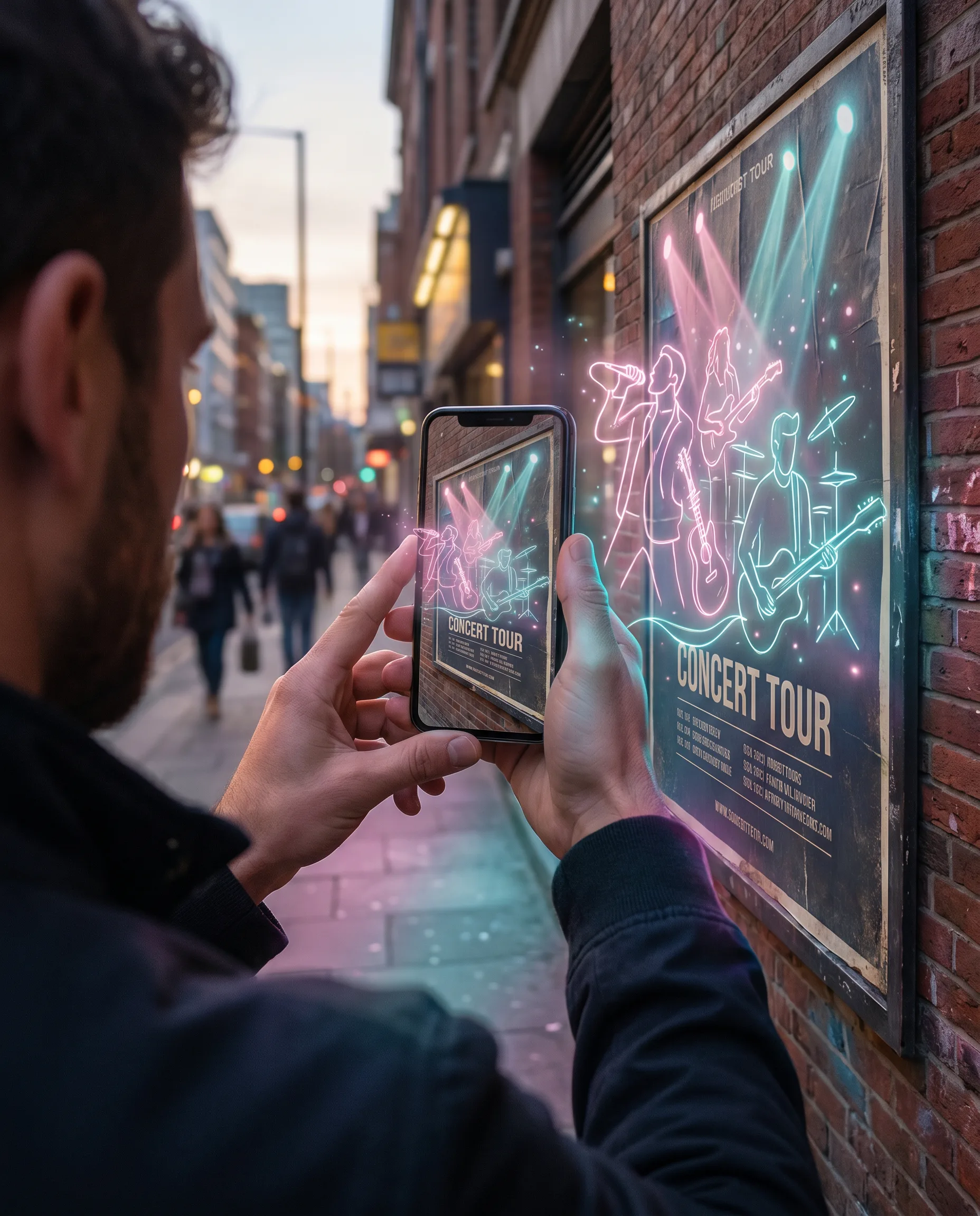 A tour poster on a brick wall coming alive through a phone screen